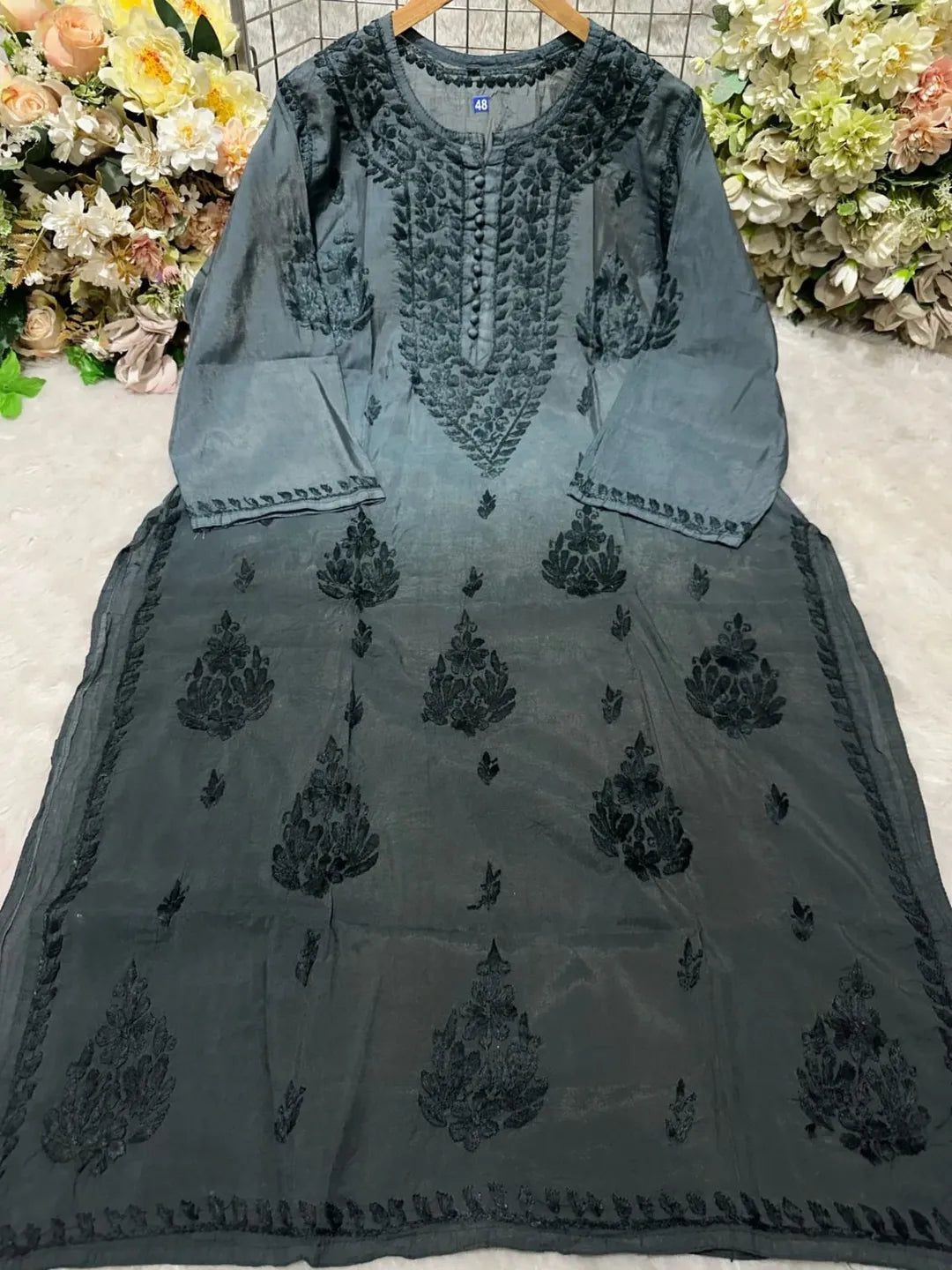 Lucknowi Chickankari Kurti in Chanderi Fabric