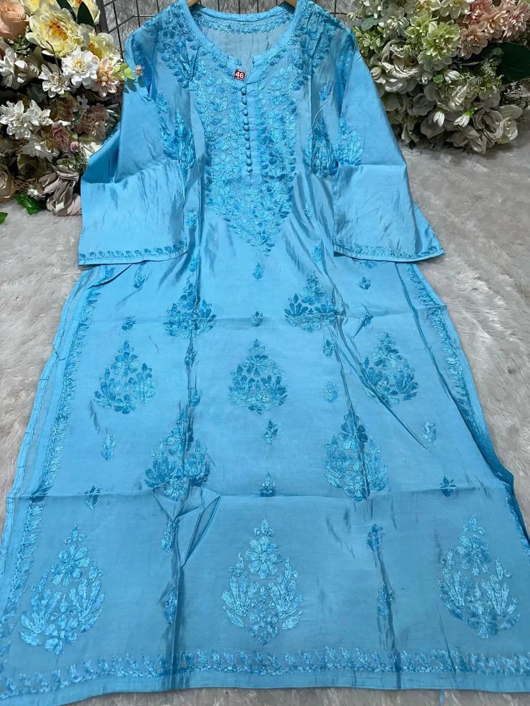 Lucknowi Chickankari Kurti in Chanderi Fabric