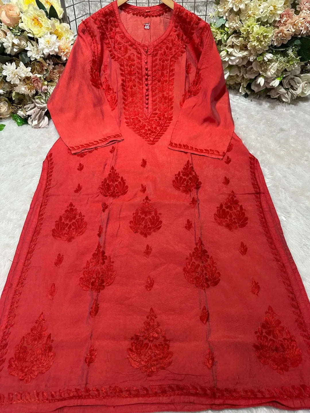 Lucknowi Chickankari Kurti in Chanderi Fabric