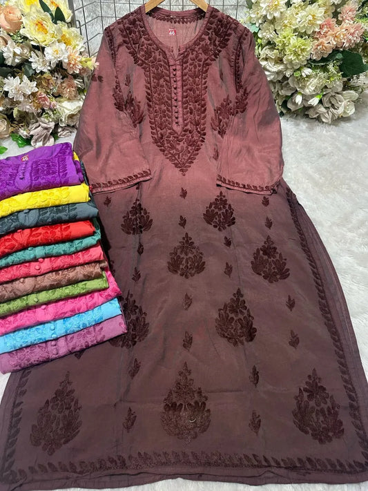 Lucknowi Chickankari Kurti in Chanderi Fabric