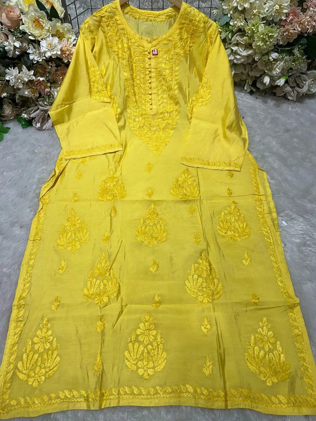 Lucknowi Chickankari Kurti in Chanderi Fabric