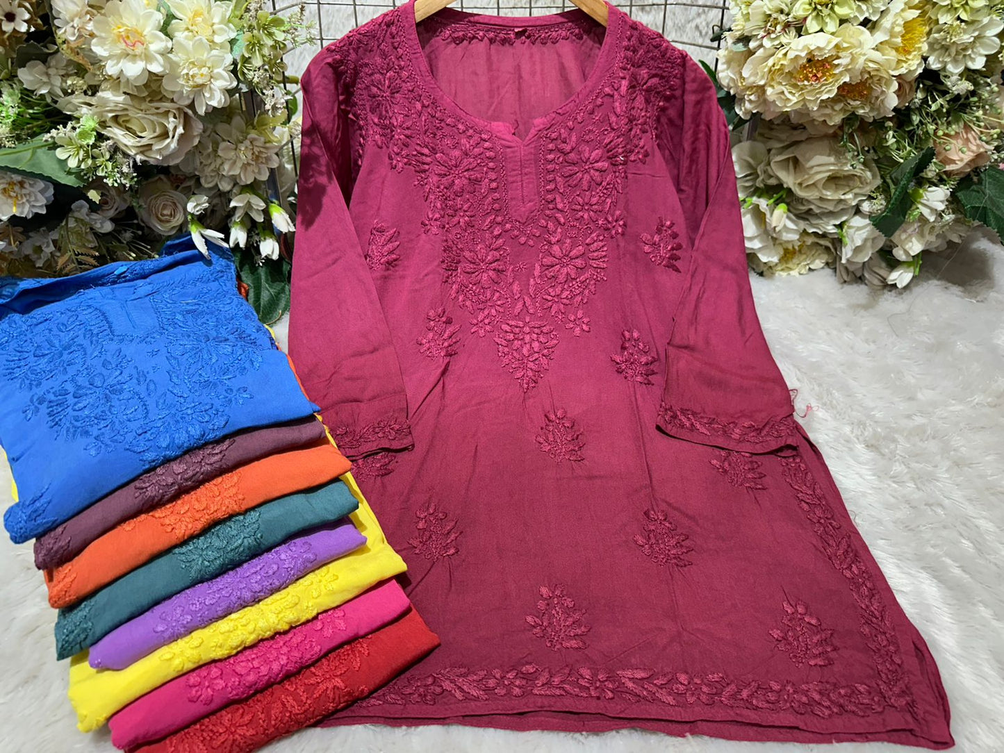 Lucknowi Chikankari Rayon Short Kurtis