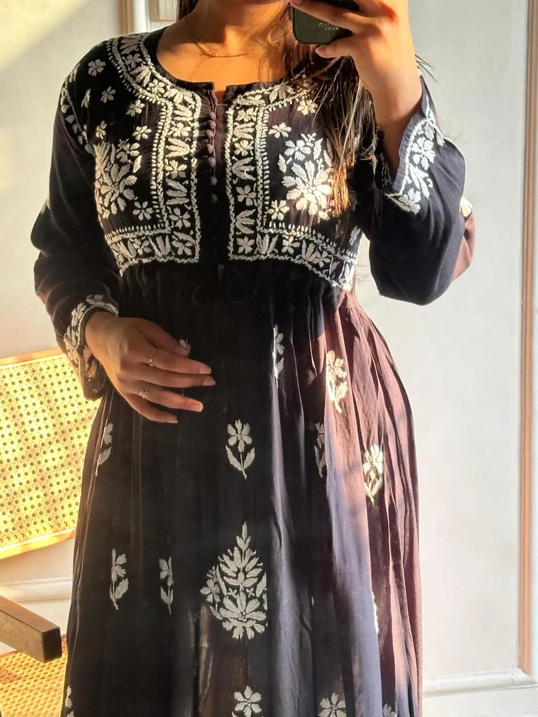 Lucknowi Chikankari Super Soft Rayon Frock Kurti With Pant.