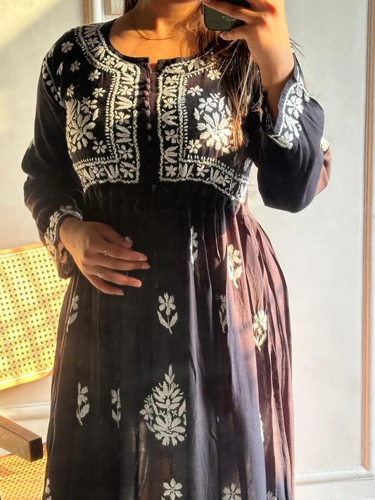 Lucknowi Chikankari Super Soft Rayon Frock Kurti With Pant.