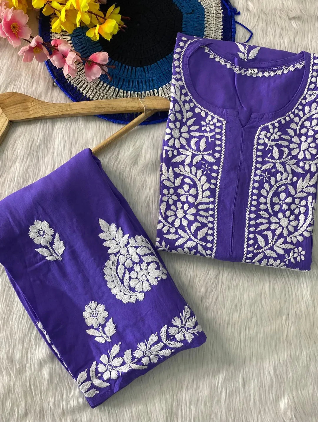 Lucknowi Chikankari Soft Rayon Kurti Co-ord Set.
