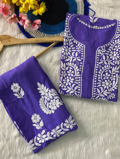 Lucknowi Chikankari Soft Rayon Kurti Co-ord Set.
