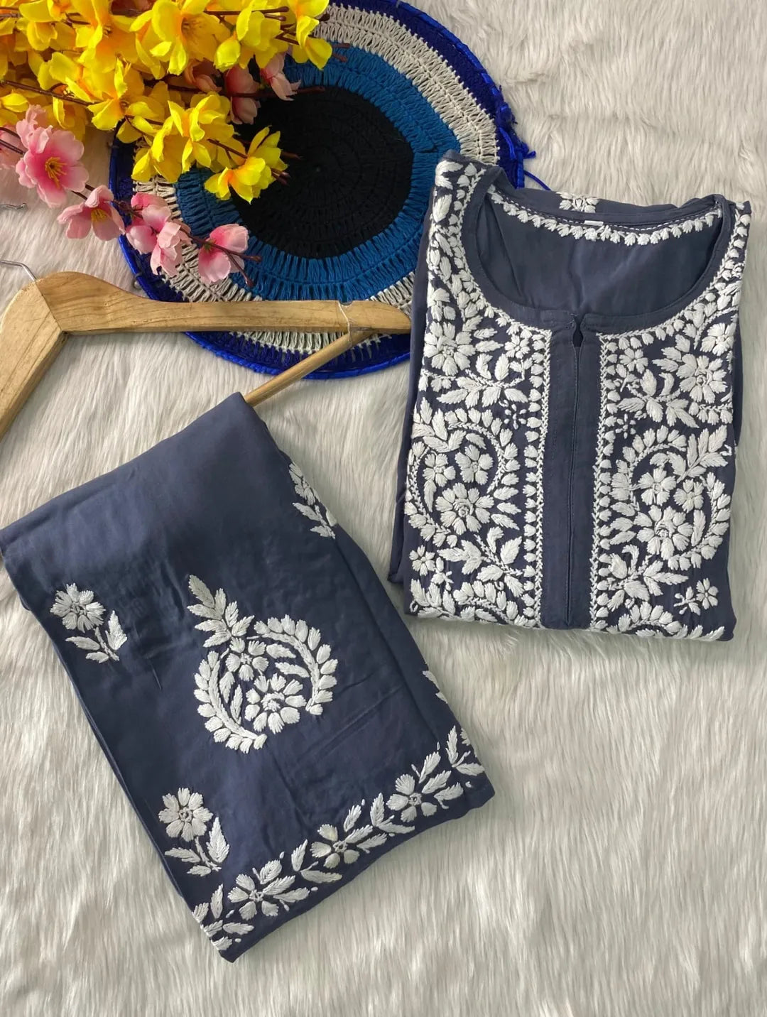 Lucknowi Chikankari Soft Rayon Kurti Co-ord Set.
