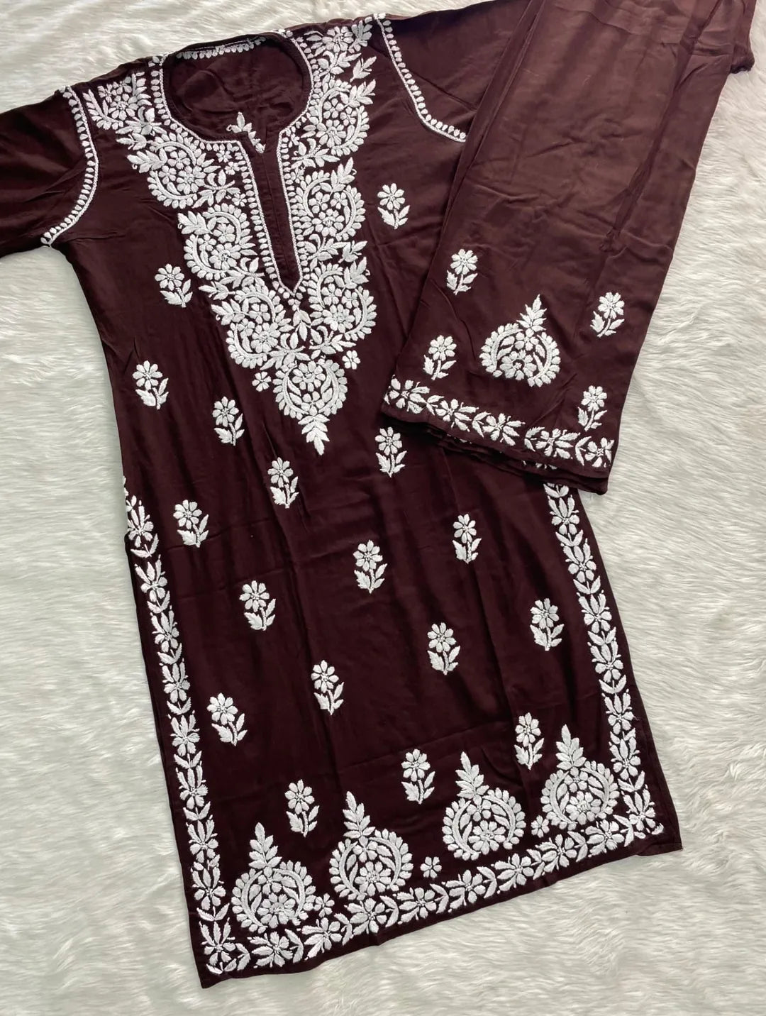 Lucknowi Chikankari Soft Rayon Kurti Co-ord Set.