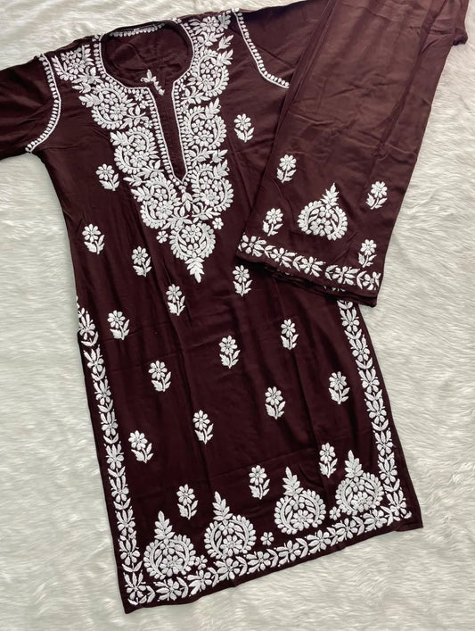 Lucknowi Chikankari Soft Rayon Kurti Co-ord Set.