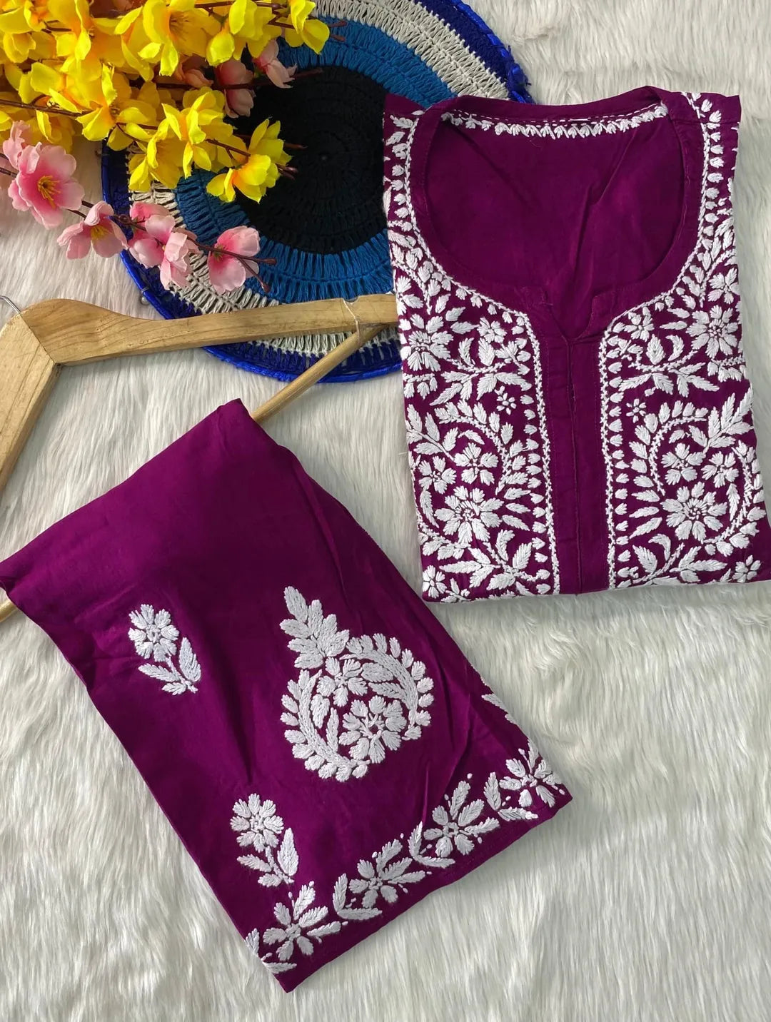 Lucknowi Chikankari Soft Rayon Kurti Co-ord Set.