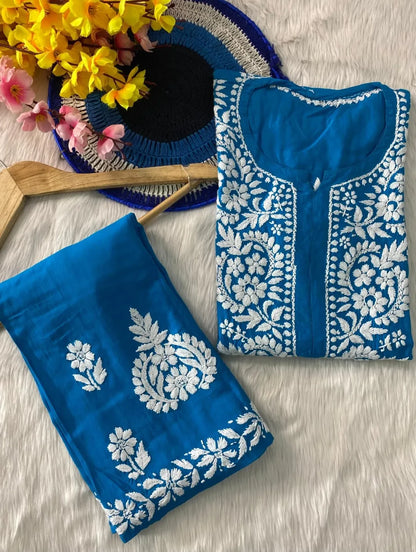 Lucknowi Chikankari Soft Rayon Kurti Co-ord Set.