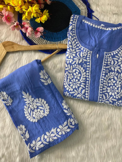 Lucknowi Chikankari Soft Rayon Kurti Co-ord Set.