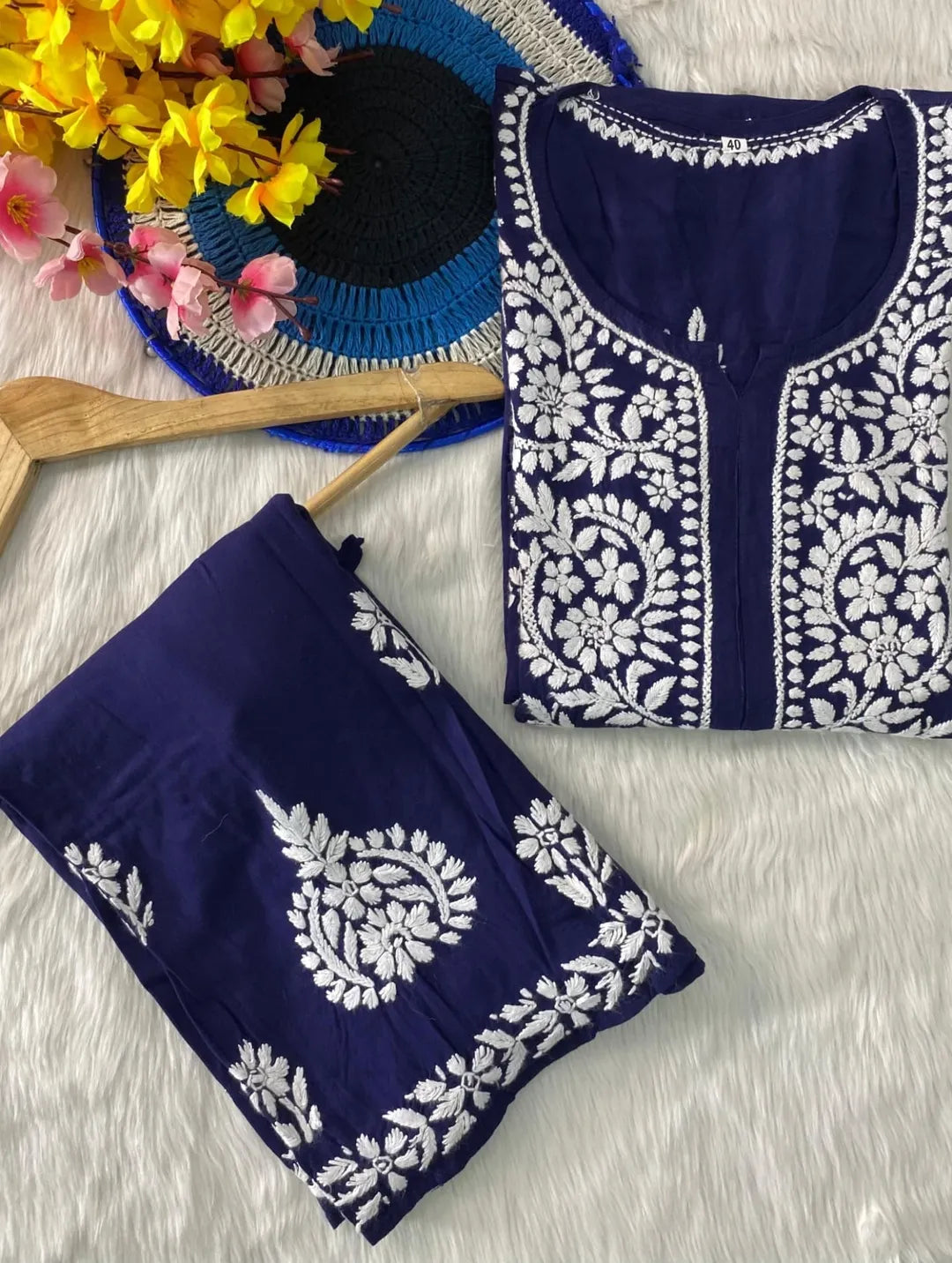 Lucknowi Chikankari Soft Rayon Kurti Co-ord Set.