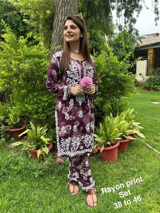 Lucknowi Chikankari Rayon Co-ord set.
